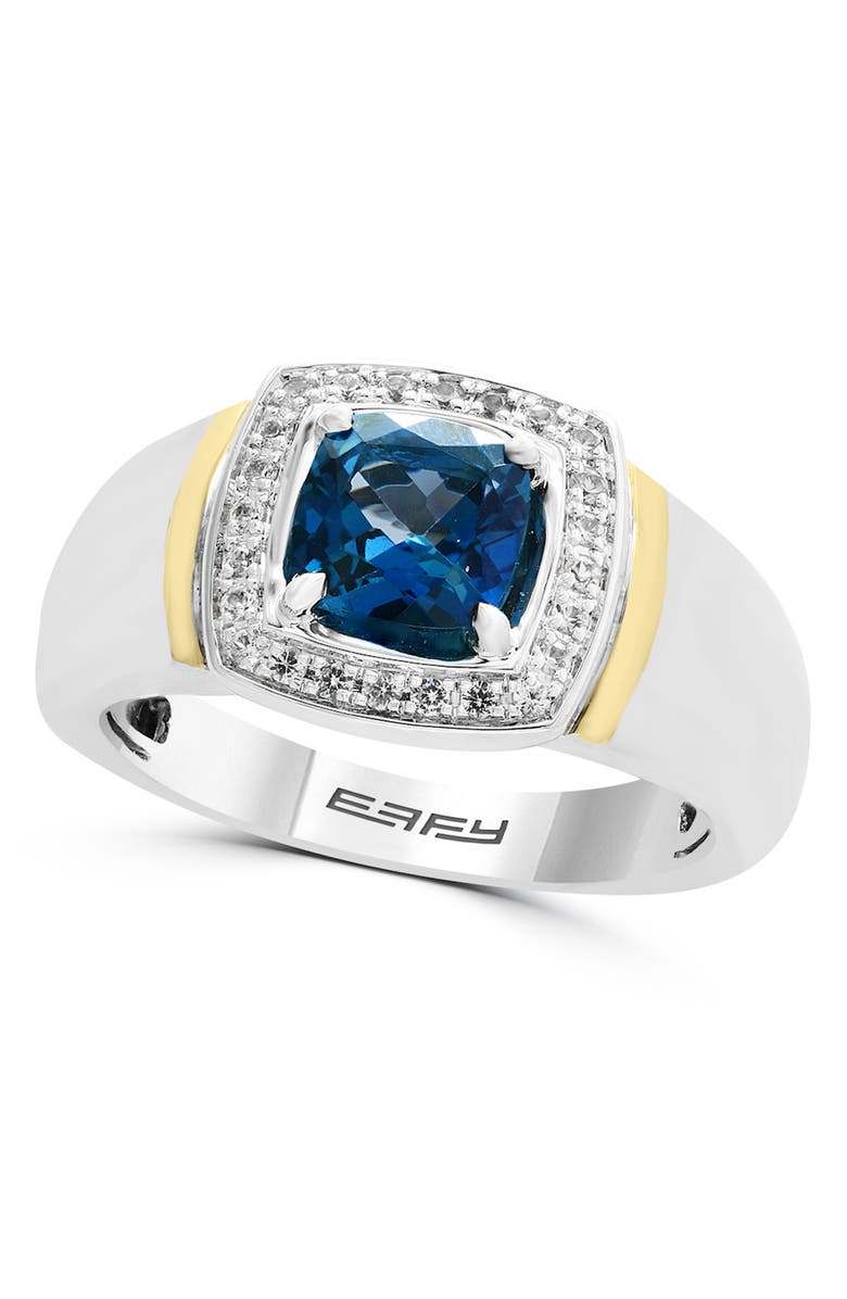 EFFY 14K Yellow Gold & Sterling Silver White Sapphire Halo London Blue Topaz Ring - Size 10, Main, color, 