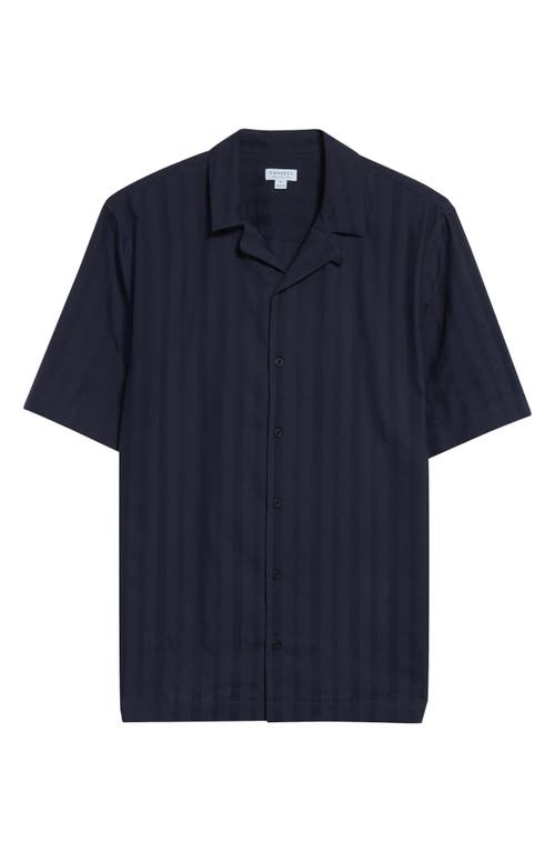 Sunspel Embroidered Stripe Short Sleeve Camp Shirt In Navy