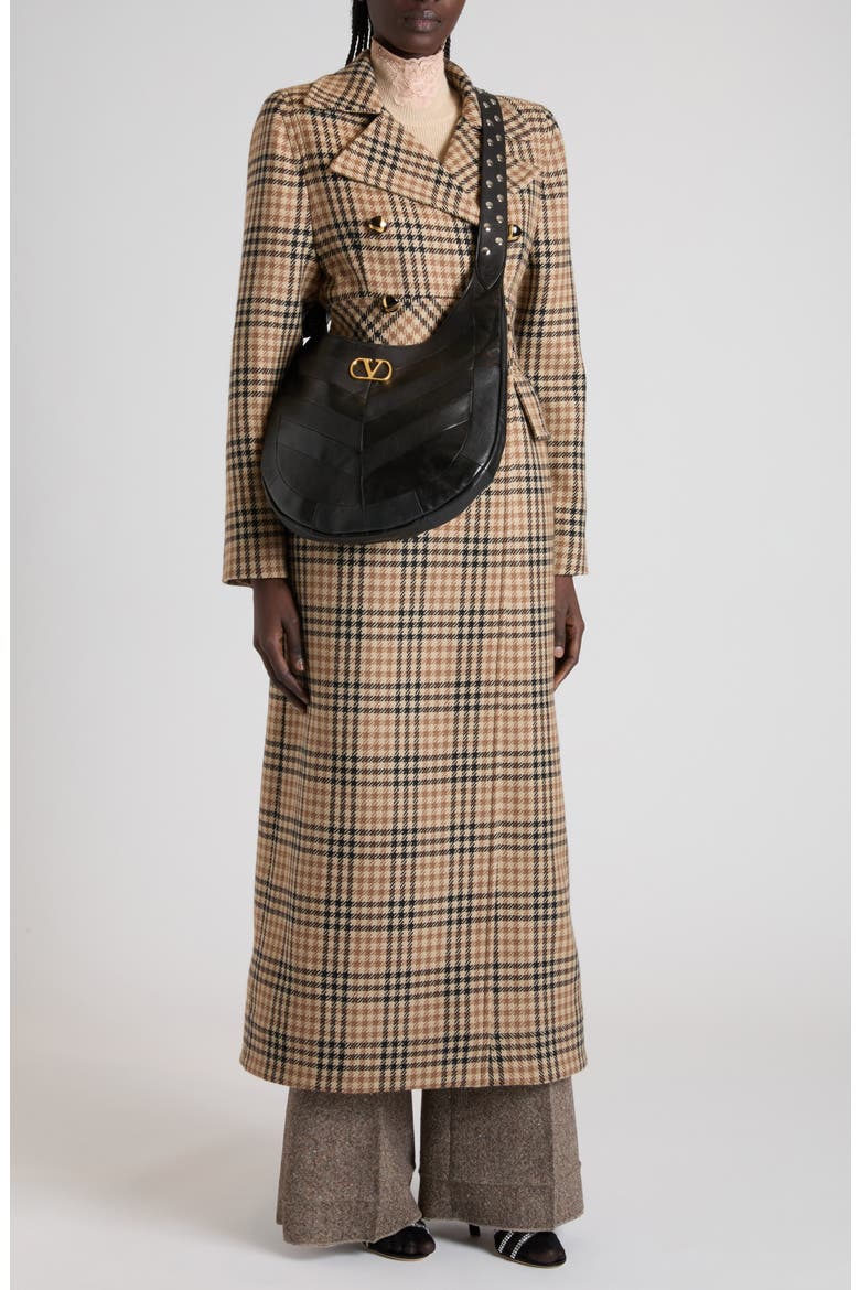 Double Breasted Houndstooth Wool Longline Coat, Alternate, color, SAND/ BLACK