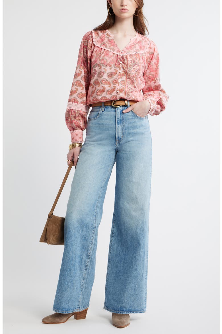 Lace Trim Button-Up Shirt, Alternate, color, PINK- OLIVE PATCHWORK PAISLEY