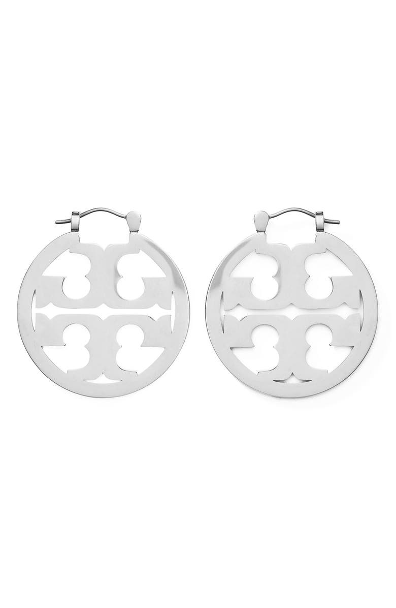Tory Burch Small Icon Hoop Earrings, Main, color, Tory Silver