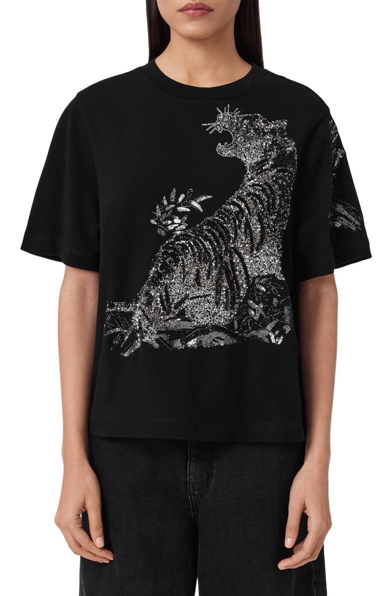 AllSaints Pounce Lisa Embellished Cotton Graphic T-Shirt, Main, color, Black