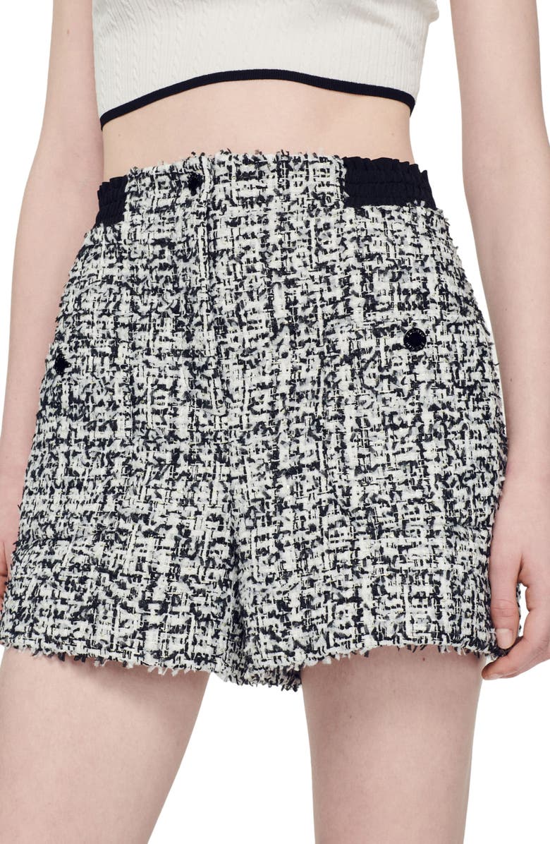 SANDRO Darren High Waist Tweed Shorts, Alternate, color, Noir
