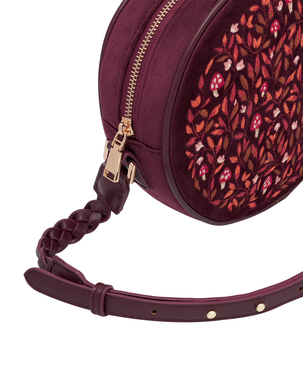 Fable England Magical Mushroom Embroidered Burgundy Velvet Circle Bag, Alternate, color, Red