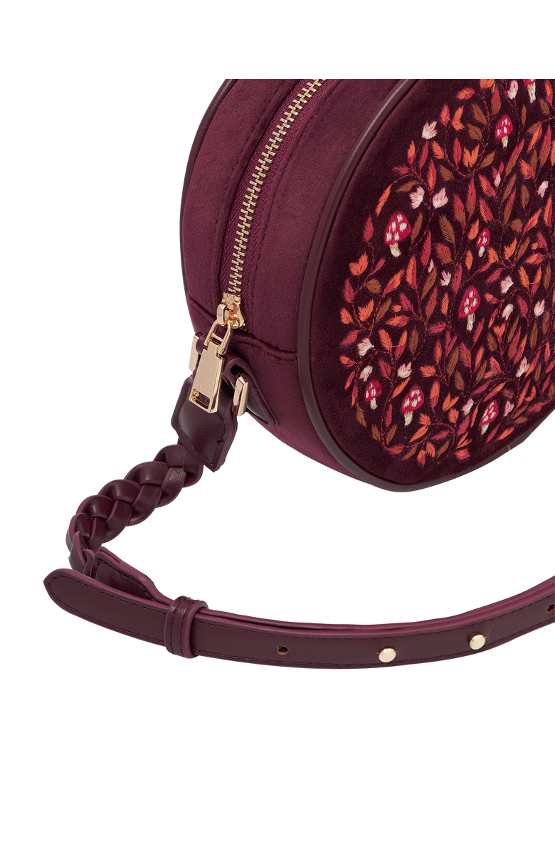 Fable England Magical Mushroom Embroidered Burgundy Velvet Circle Bag, Alternate, color, Red
