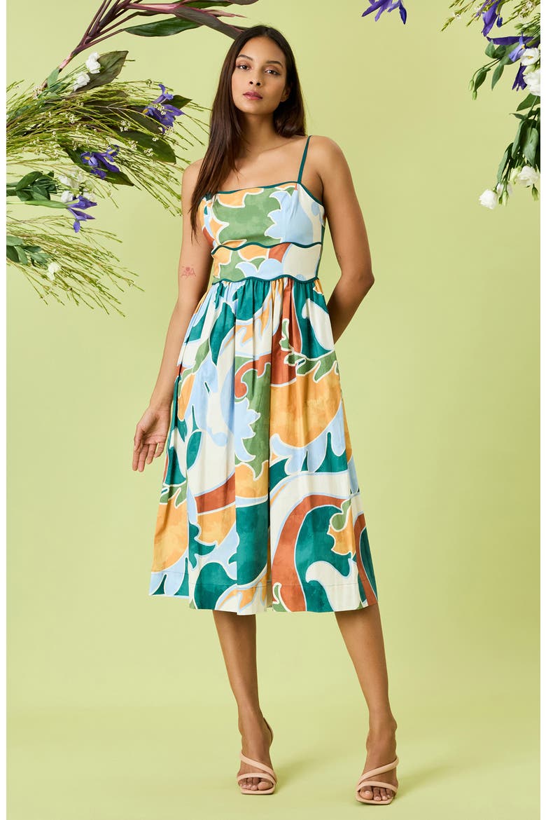 Geo Print A-Line Dress, Alternate, color, PASTEL BLUE/DEEP EMERALD