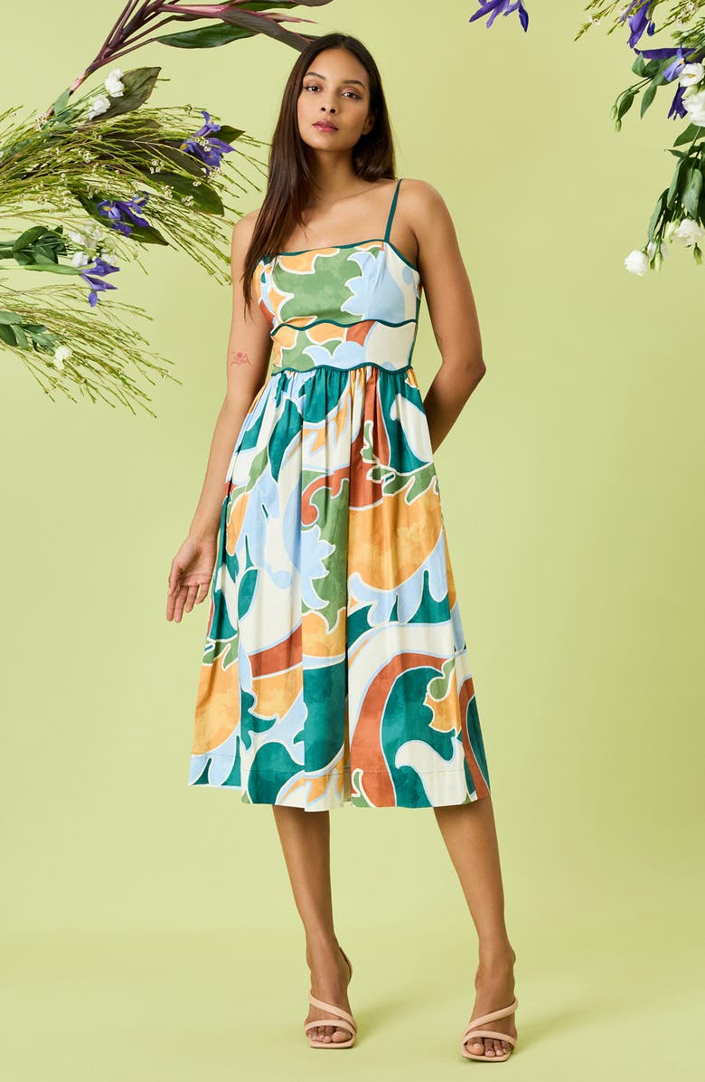 Donna Morgan Geo Print A-Line Dress, Alternate, color, Pastel Blue/ Deep Emerald