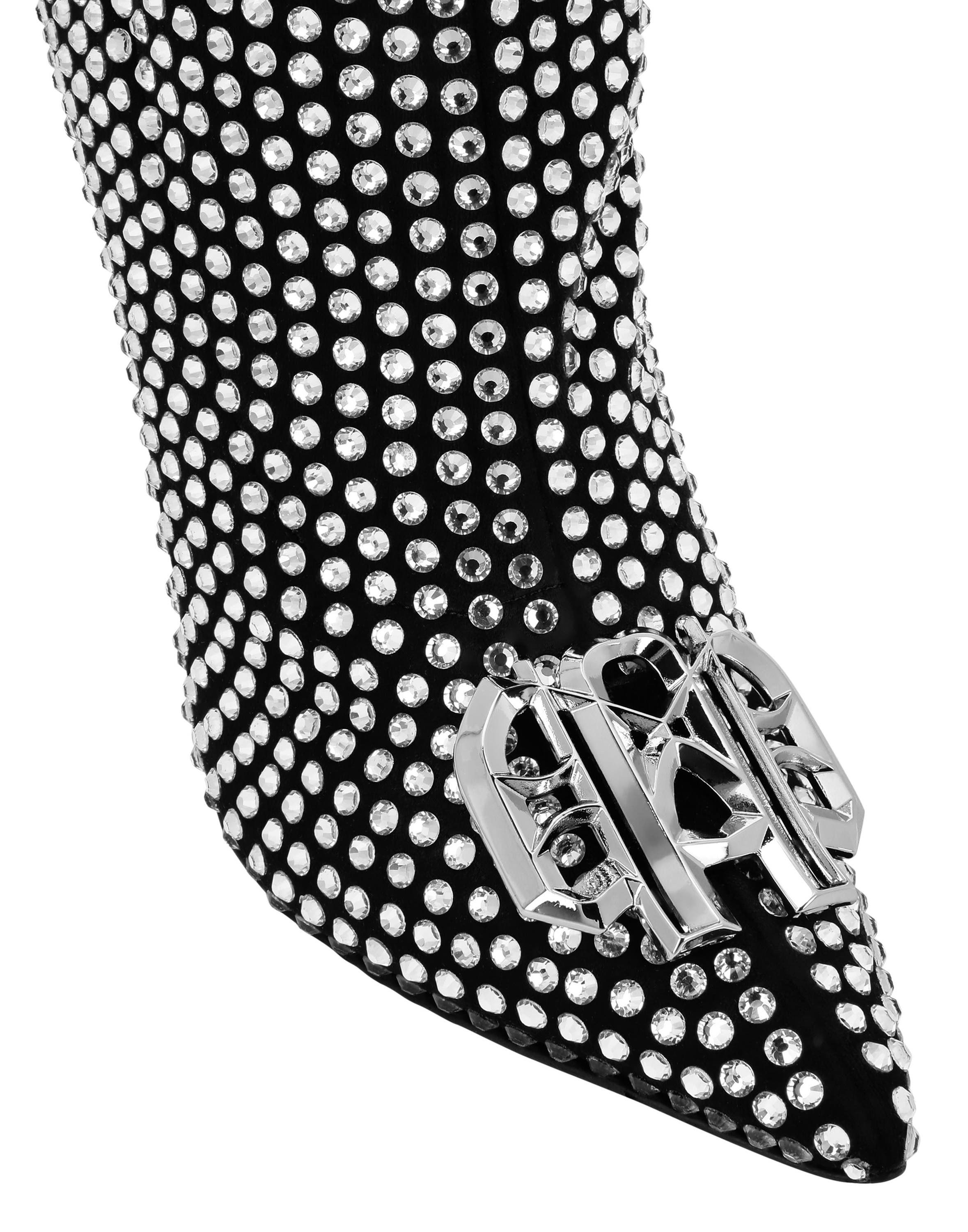 PHILIPP PLEIN Suede Strass Boots Hi-Heels Overknees Gothic Plein Women, Alternate, color, Black/Crystal