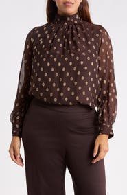 Anne Klein Shirred Collar Keyhole Front Long Sleeve Top