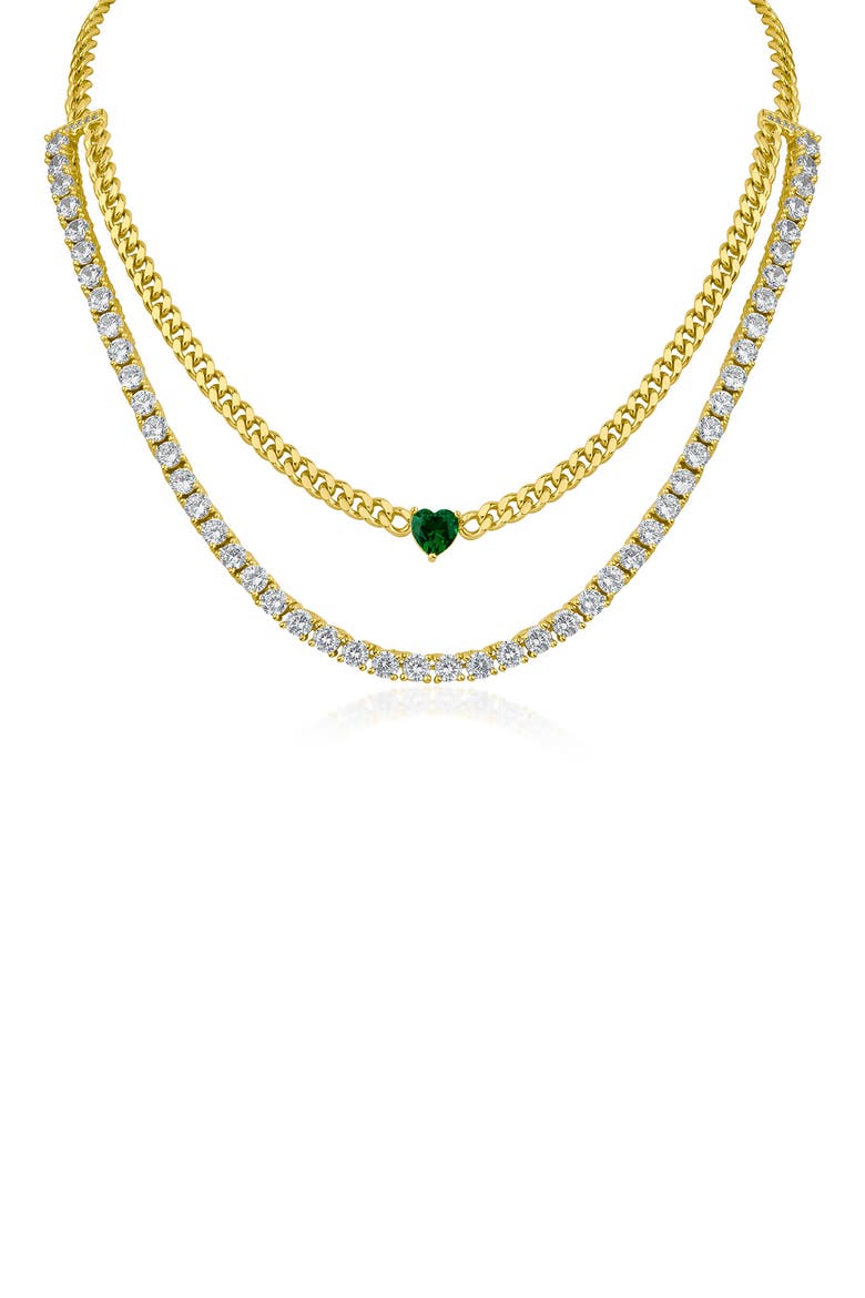 Cubic Zirconia Tennis & Curb Chain Layered Necklace, Main, color, GREEN/ CLEAR GOLD