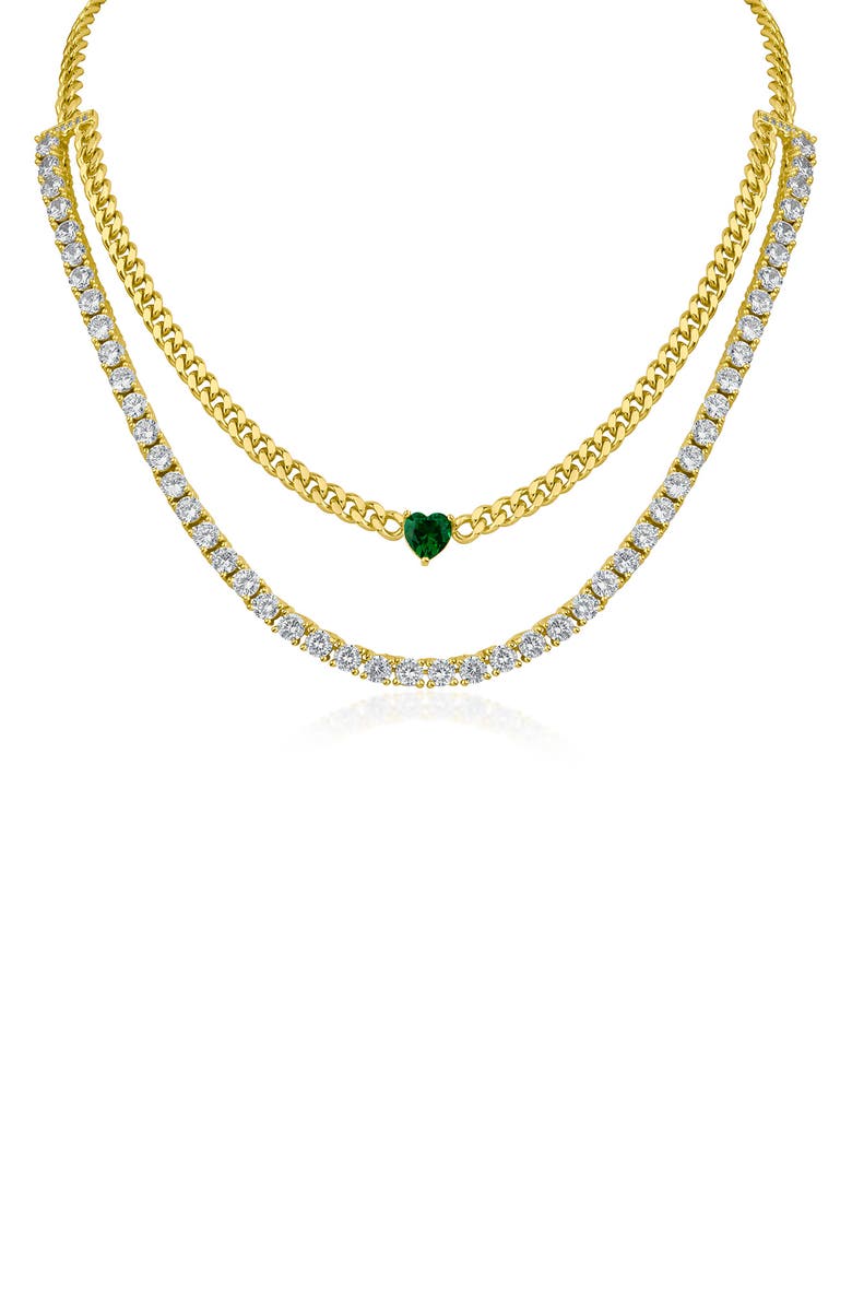 CZ by Kenneth Jay Lane Cubic Zirconia Tennis & Curb Chain Layered Necklace, Main, color, Green/ Clear Gold