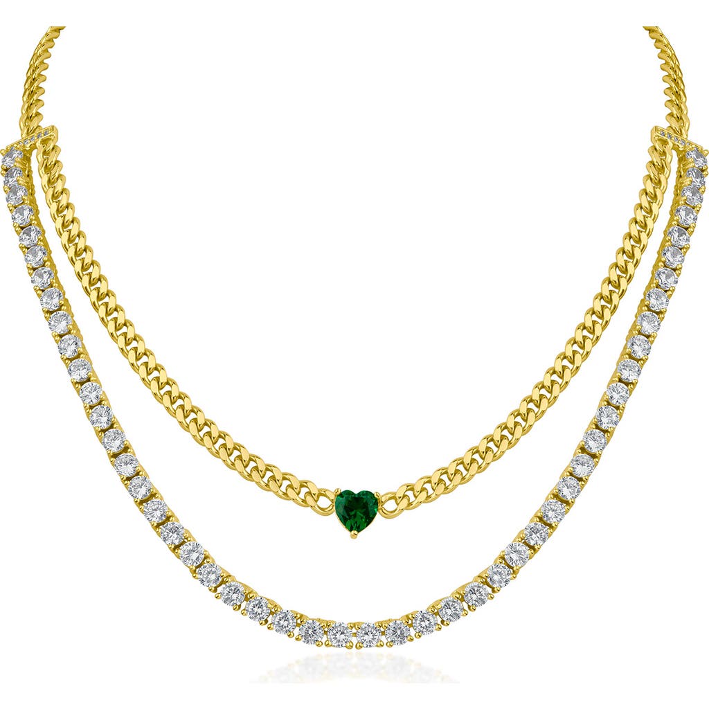 Cz By Kenneth Jay Lane Cubic Zirconia Tennis & Curb Chain Layered Necklace In Green/clear Gold