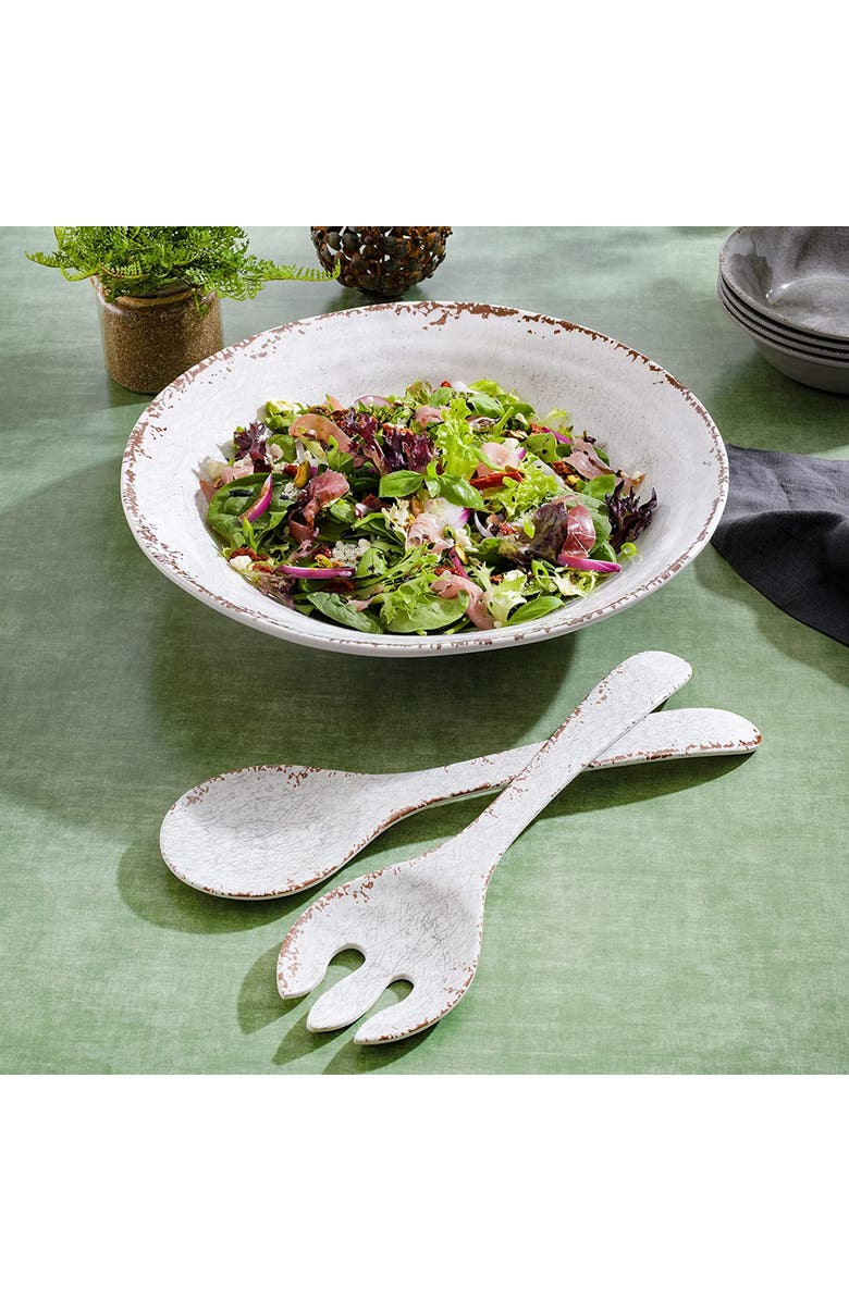 Laurie Gates Mauna 3 Piece Melamine Serving Bowl Set in White with Serving Utensils, Alternate, color, White