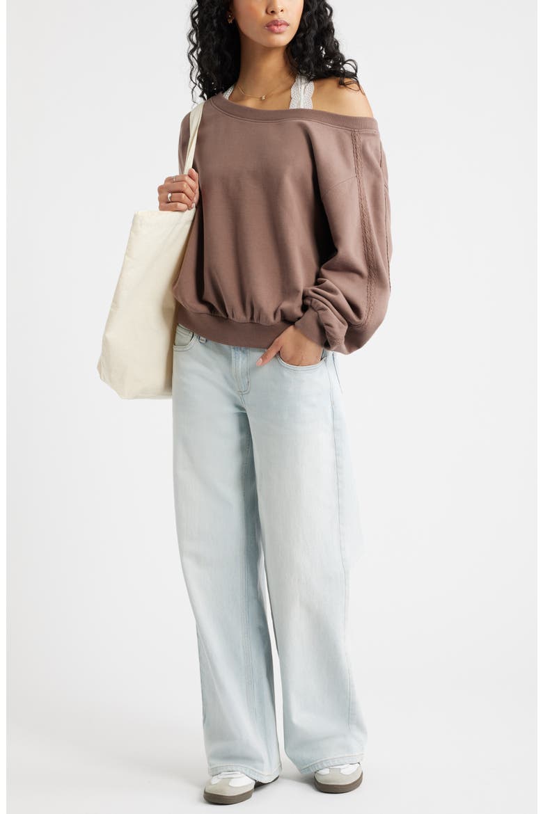 Lace Trim Off the Shoulder Cotton Blend Sweatshirt, Alternate, color, BROWN QUARTZ