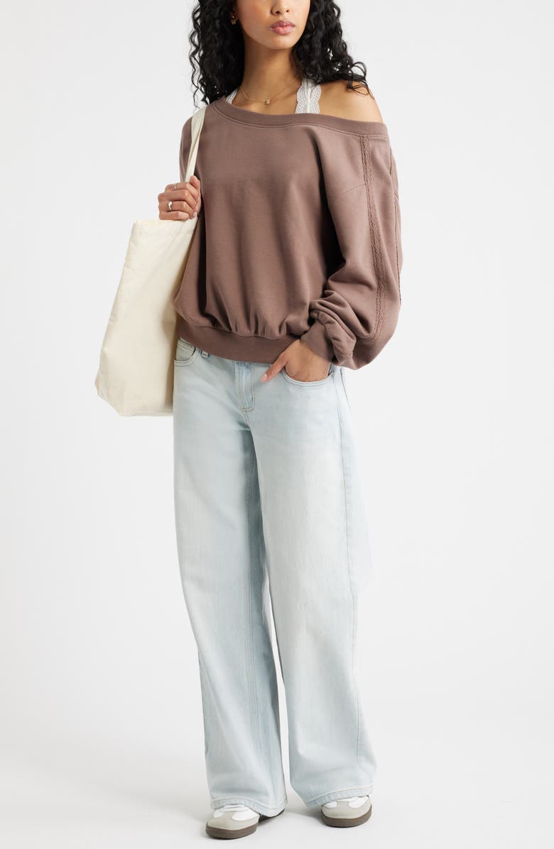 BP. Lace Trim Off the Shoulder Cotton Blend Sweatshirt, Alternate, color, Brown Quartz