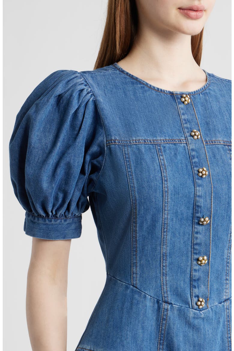 Cotton Blend Puff Sleeve Denim Midi Dress, Alternate, color, DENIM