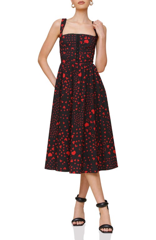 Avec Les Filles Heart Corset Midi Sundress In Red Swirl Hearts