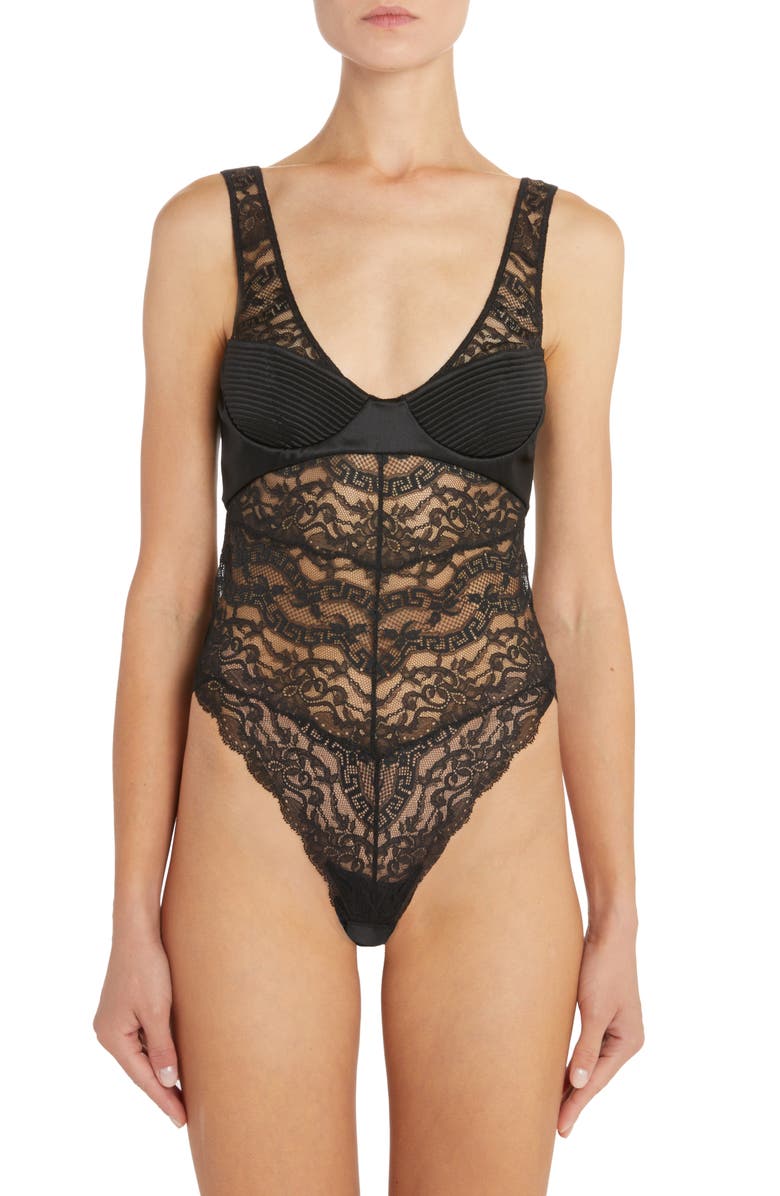 Versace Lace & Satin Bodysuit, Main, color,