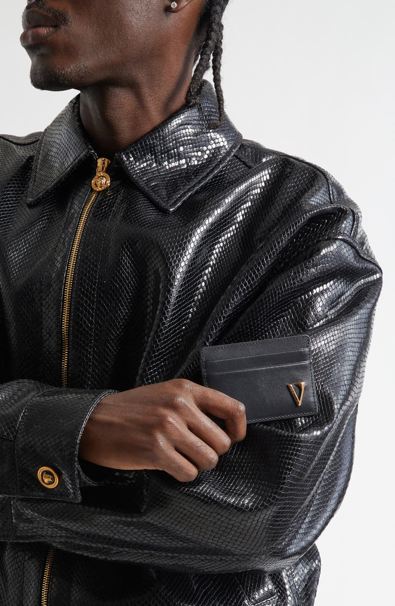 Versace V-Emblem Leather Card Case, Alternate, color, Black-Versace Gold