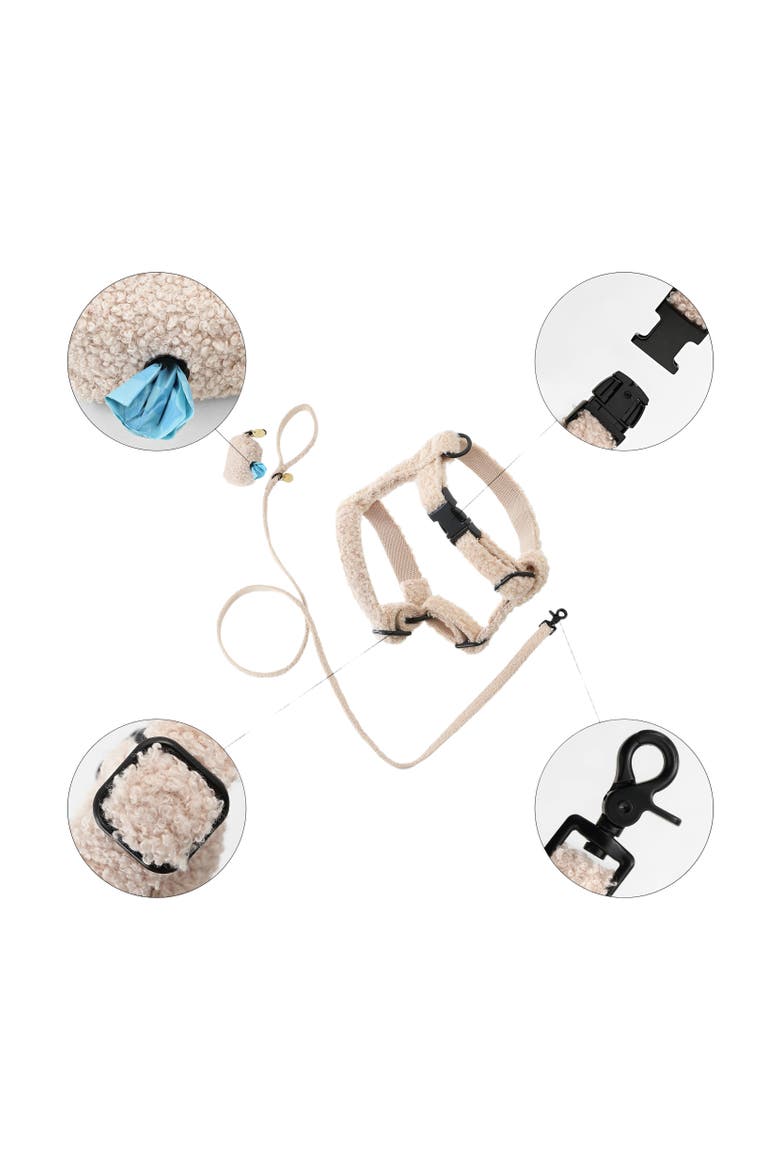 Teddy Bouclé Adjustable H Harness and Leash Walk Set with Poop Bag Pouch, Alternate, color, Beige