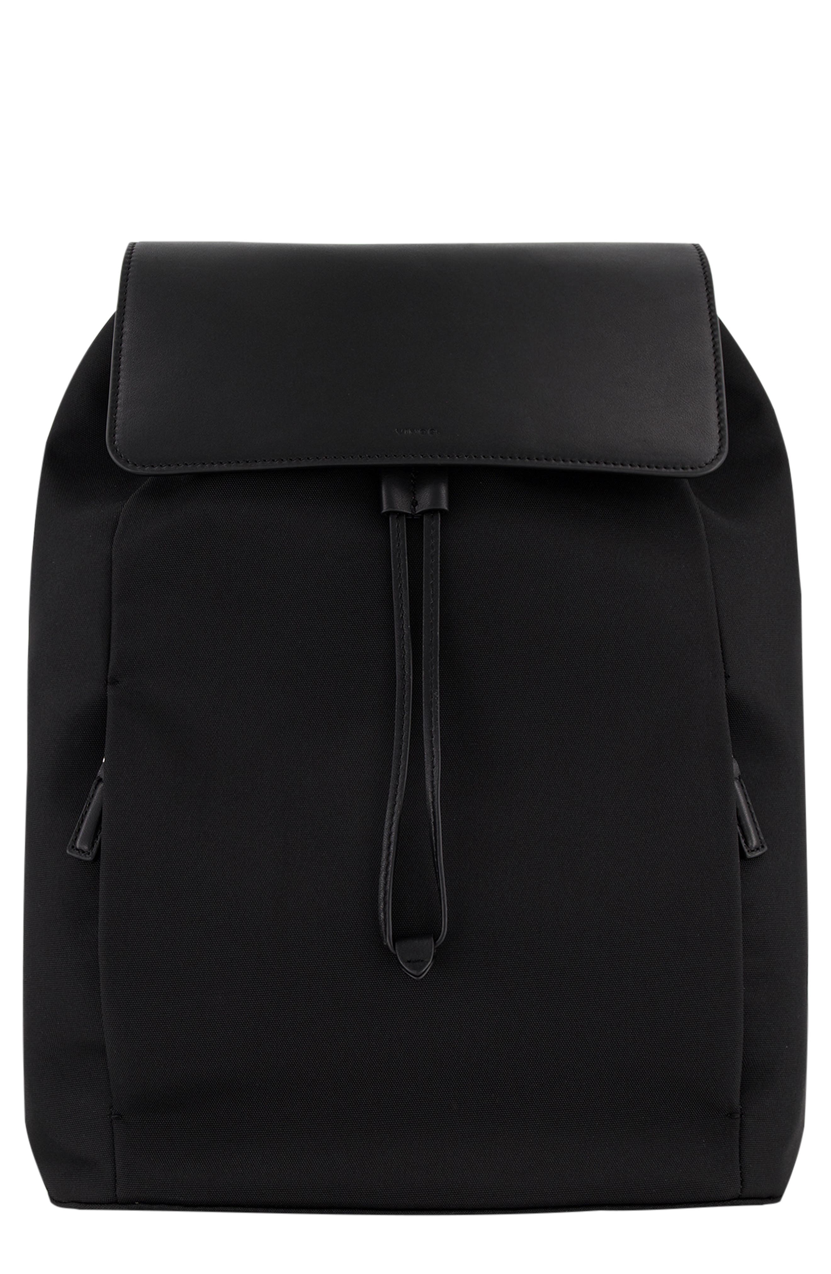 Vince Drayton Leather 
Nylon Flap Backpack, Main, color, Black