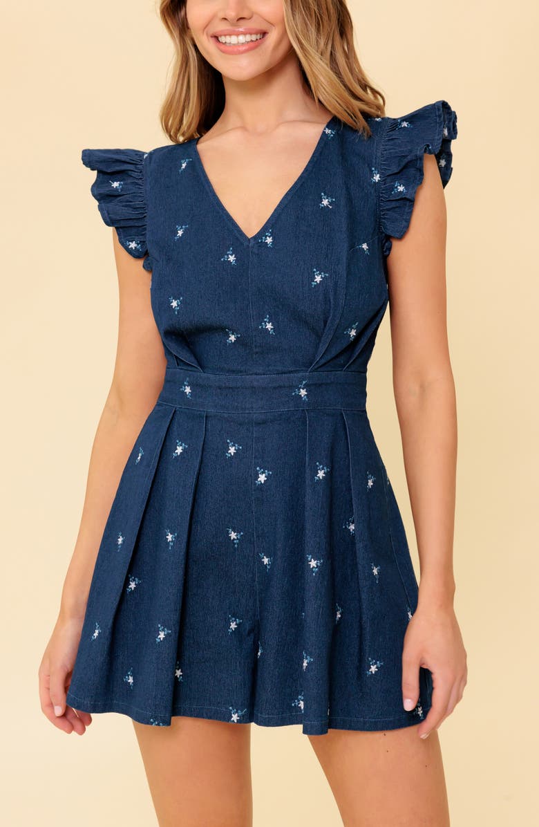 FLYING TOMATO Floral Embroidered Denim Flutter Sleeve Romper, Alternate, color, Dark Indigo