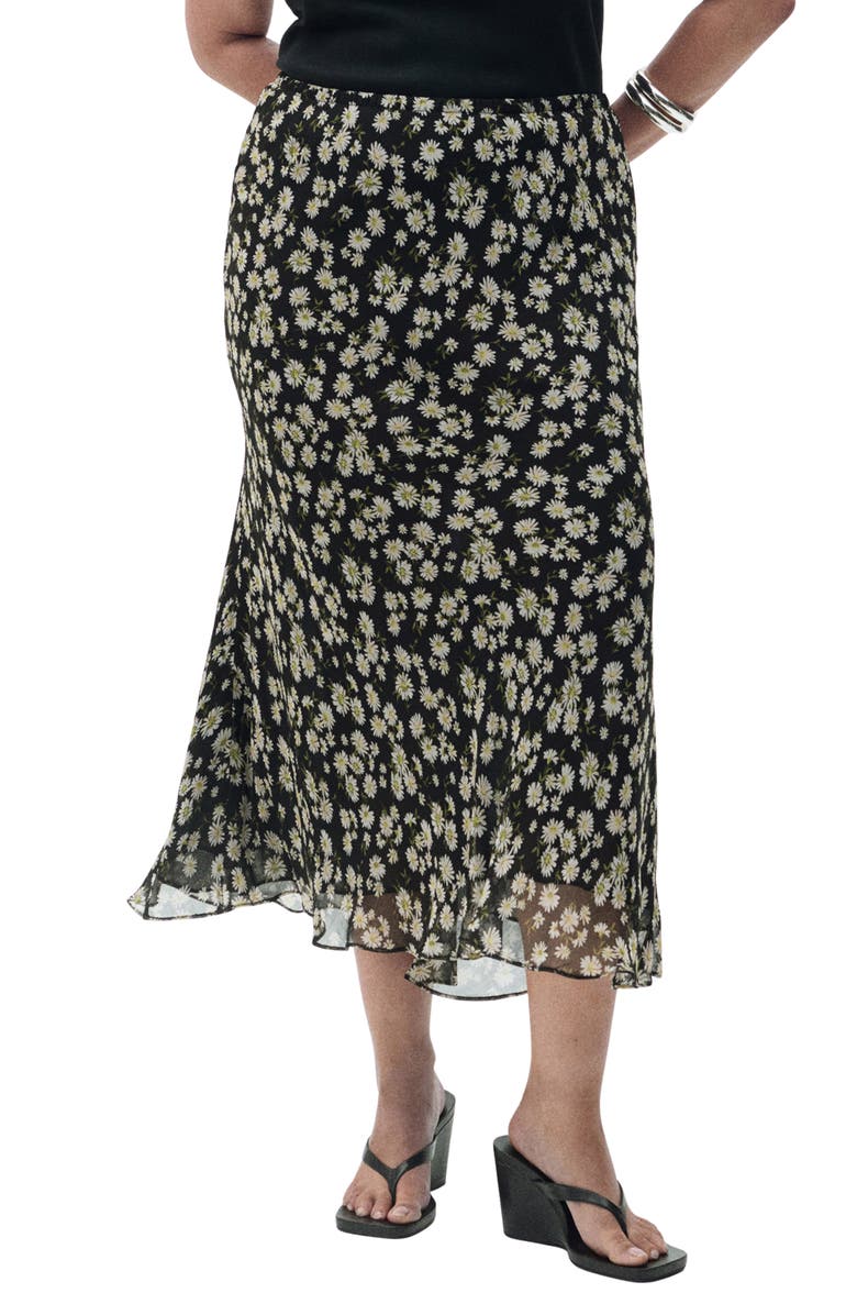 MANGO Belle Floral Chiffon Midi Skirt, Alternate, color, Black