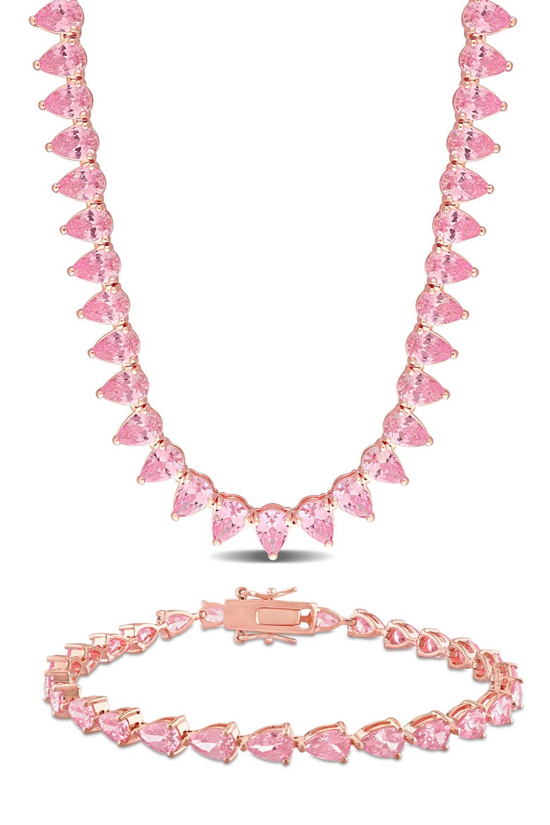 Lab Created Pink Sapphire Tennis Necklace & Bracelet Set, Main, color, PINK
