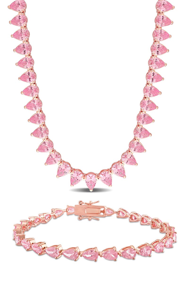 DELMAR Lab Created Pink Sapphire Tennis Necklace & Bracelet Set, Main, color, Pink