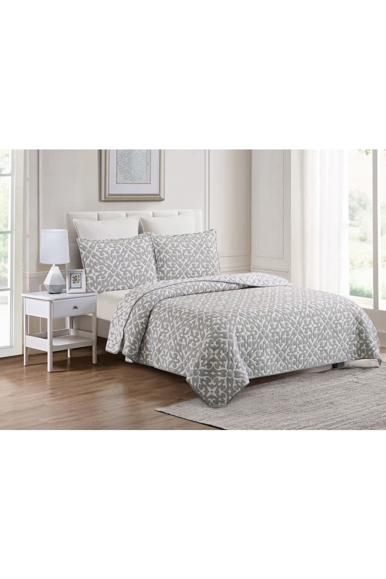 Medallion Jacquard Cotton Cover Quilt Set  - Reversible and Machine Washable, Main, color, Gray