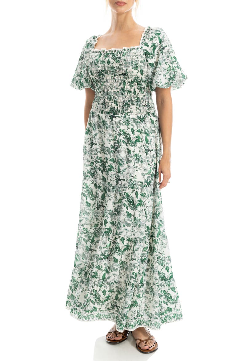Print Smocked Puff Sleeve Maxi Dress, Alternate, color, CREAM/ GREEN LUSH GARDEN