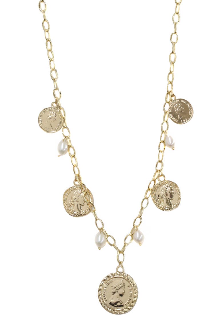 Coin & Natural Pearl Long Necklace, Alternate, color, GOLD