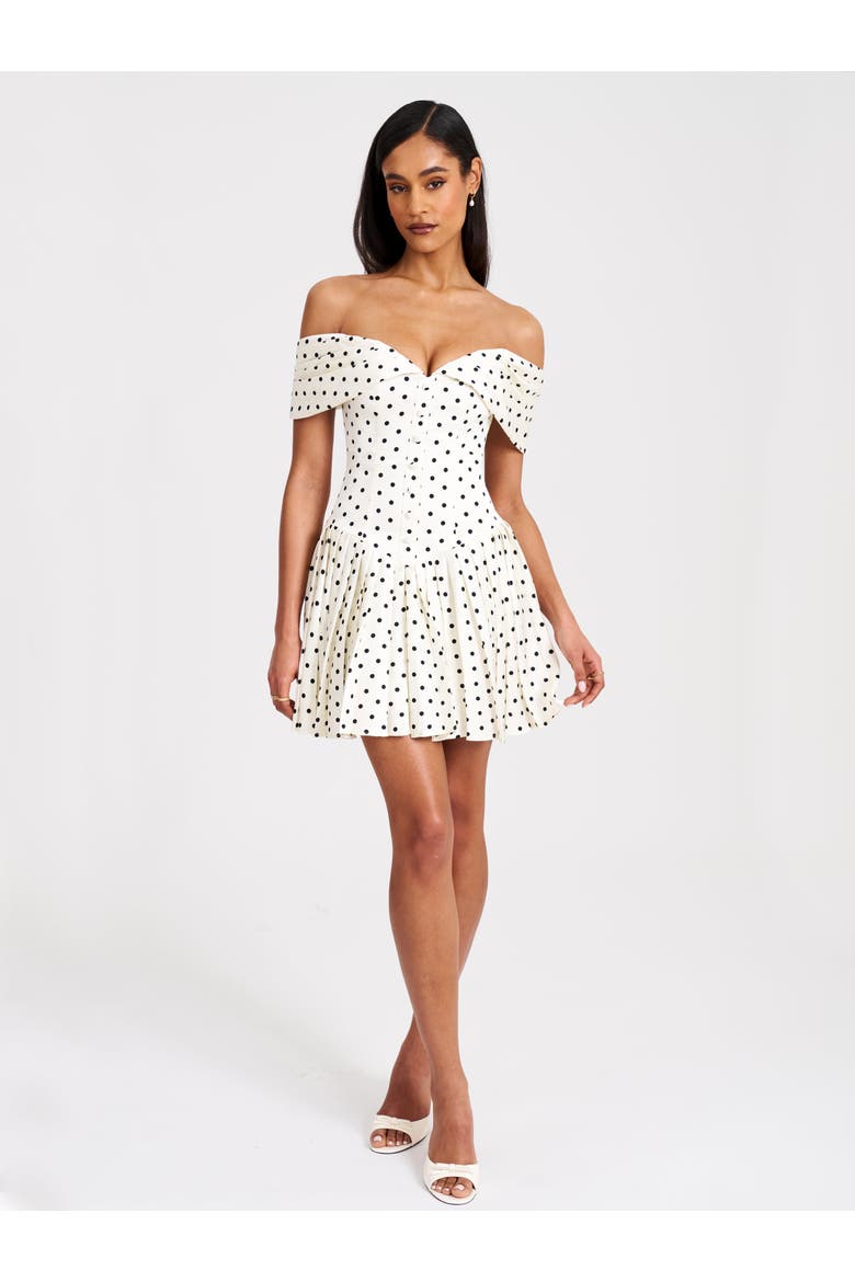 Edeline Polka Dot Off-shoulder Pleated Mini Dress, Alternate, color, White