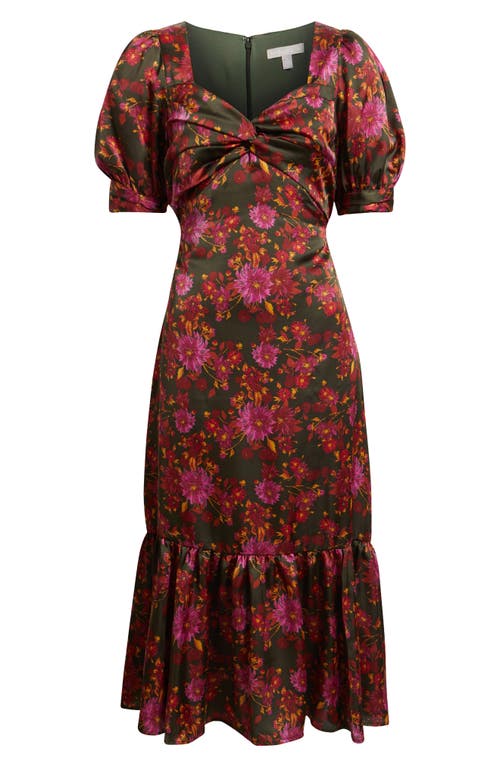 Chelsea28 Twist Front Puff Sleeve Satin Midi Dress In Multi