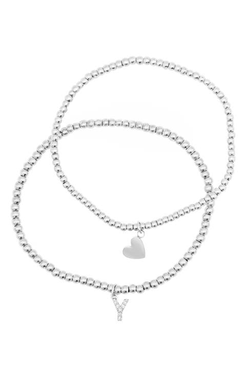 Set of 2 Initial & Heart Charm Stretch Bracelets