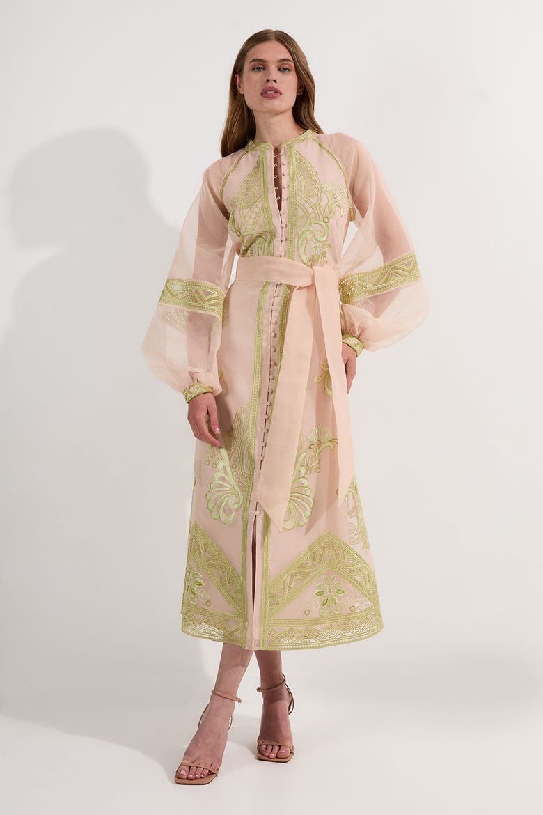Embroidered Mandarin Collar Midi Dress, Main, color, Lime