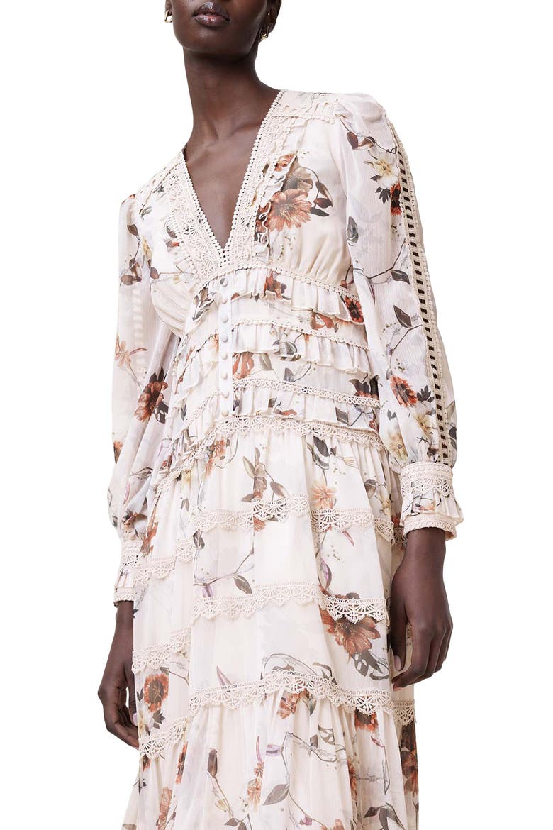 Zora Floral Long Sleeve Tiered Midi Dress, Alternate, color, UNITY ECRU WHITE