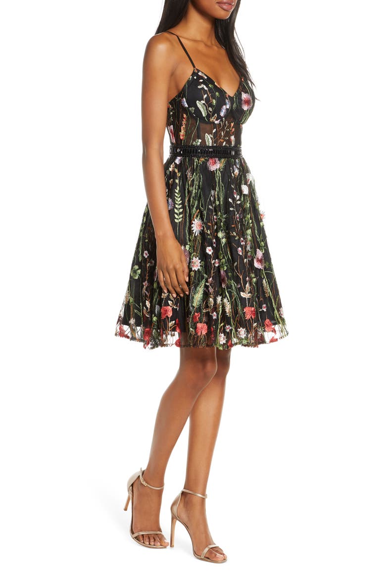Embroidered Fit & Flare Cocktail Dress, Alternate, color, BLACK/MULTI