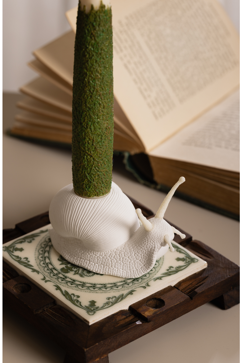 Snail Candle Holder with Moss Taper Candles, Alternate, color, Off-white / Dark Green