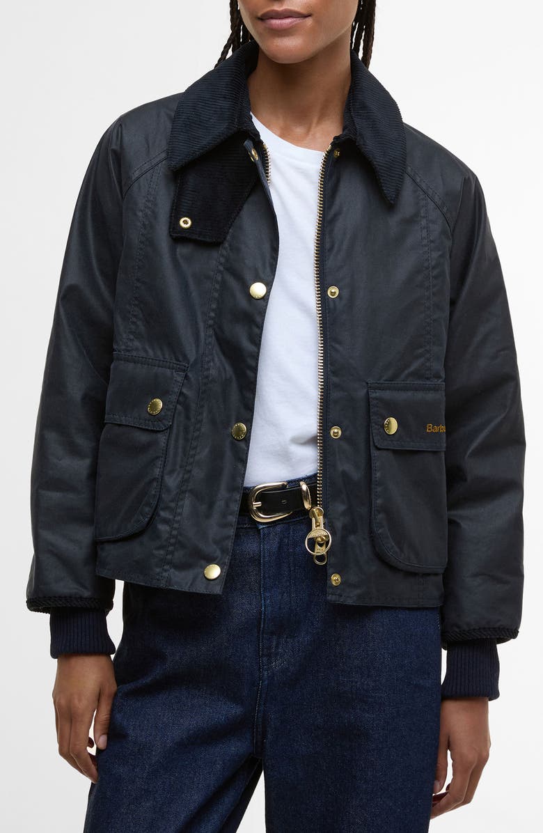 Barbour Beadnell Crop Waxed Cotton Jacket, Main, color, Navy Classic
