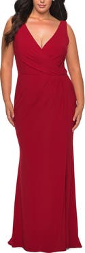 La Femme Jersey Plus Size Dress with V-Neckline and Slit
