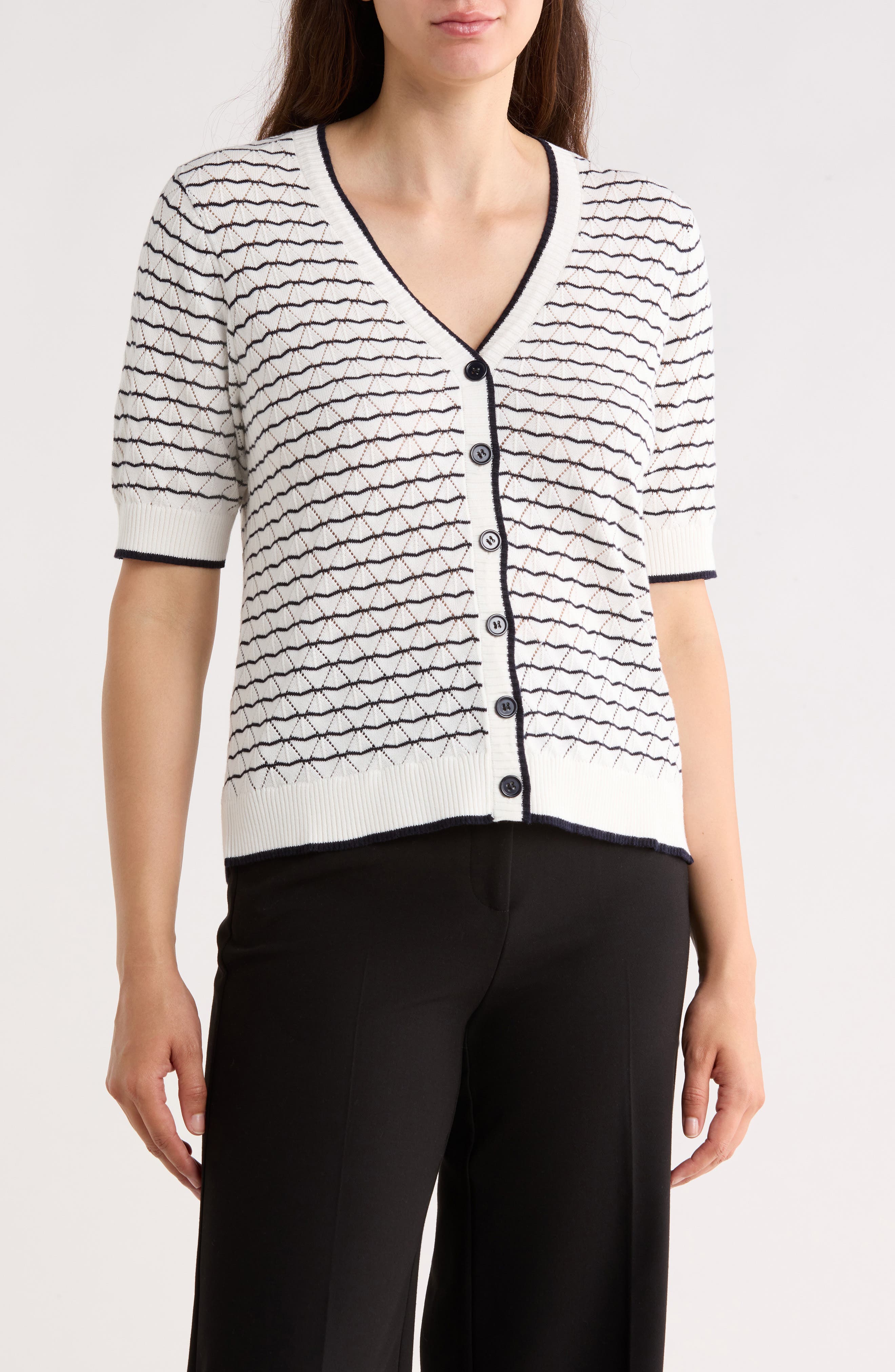 Adrianna Papell Stripe Short Sleeve Cotton Cardigan