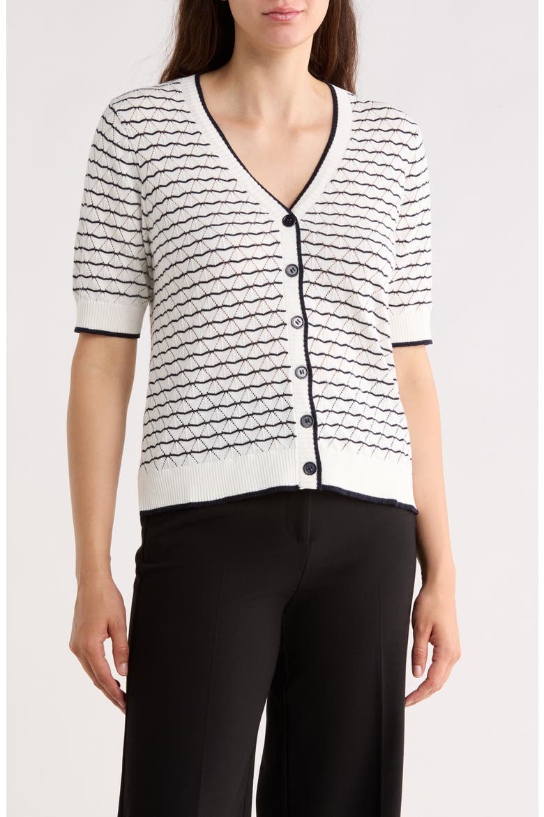 Stripe Short Sleeve Cotton Cardigan, Main, color, IVORY/ NAVY