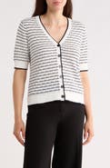 Adrianna Papell Stripe Short Sleeve Cotton Cardigan
