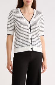 Adrianna Papell Stripe Short Sleeve Cotton Cardigan