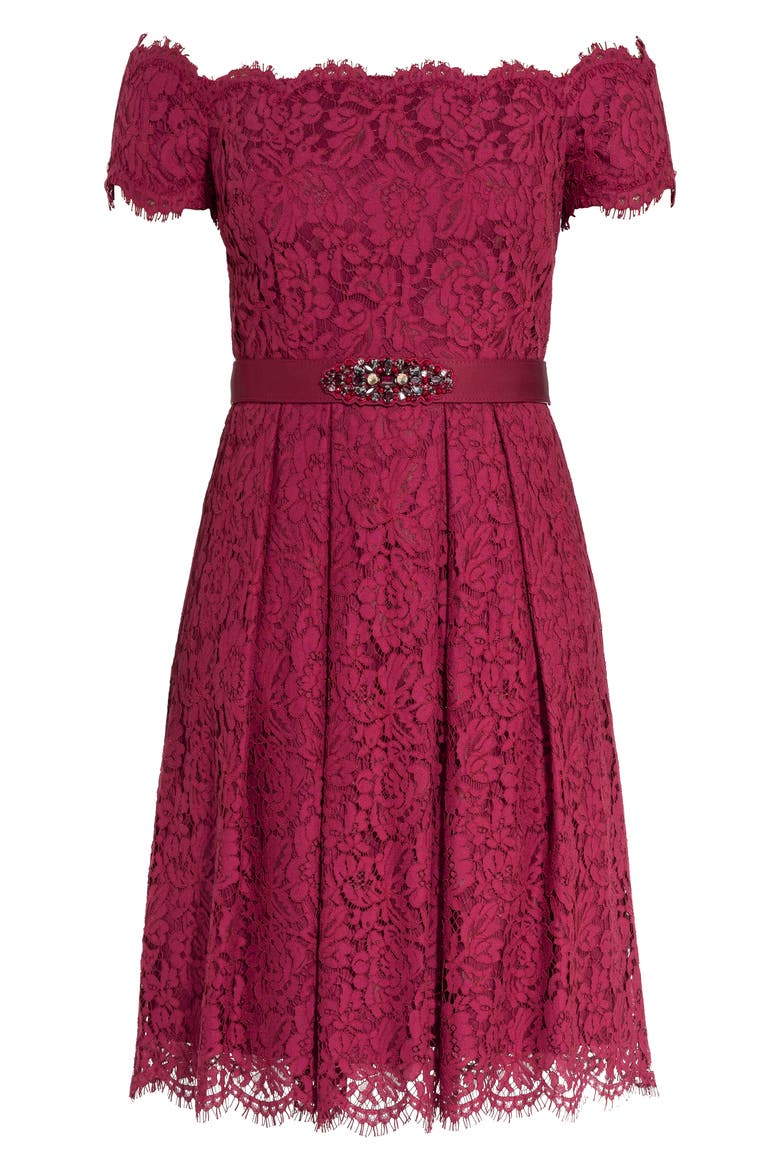 Off the Shoulder Lace Dreams Dress, Alternate, color, RUBY