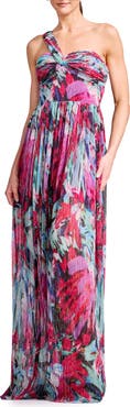 Dress the Population Idalia Metallic Abstract Floral Print One-Shoulder Gown
