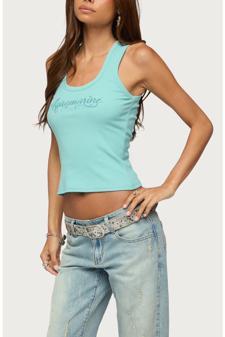 Aquamarine Rhinestone Ribbed Tank, Alternate, color, AQUA