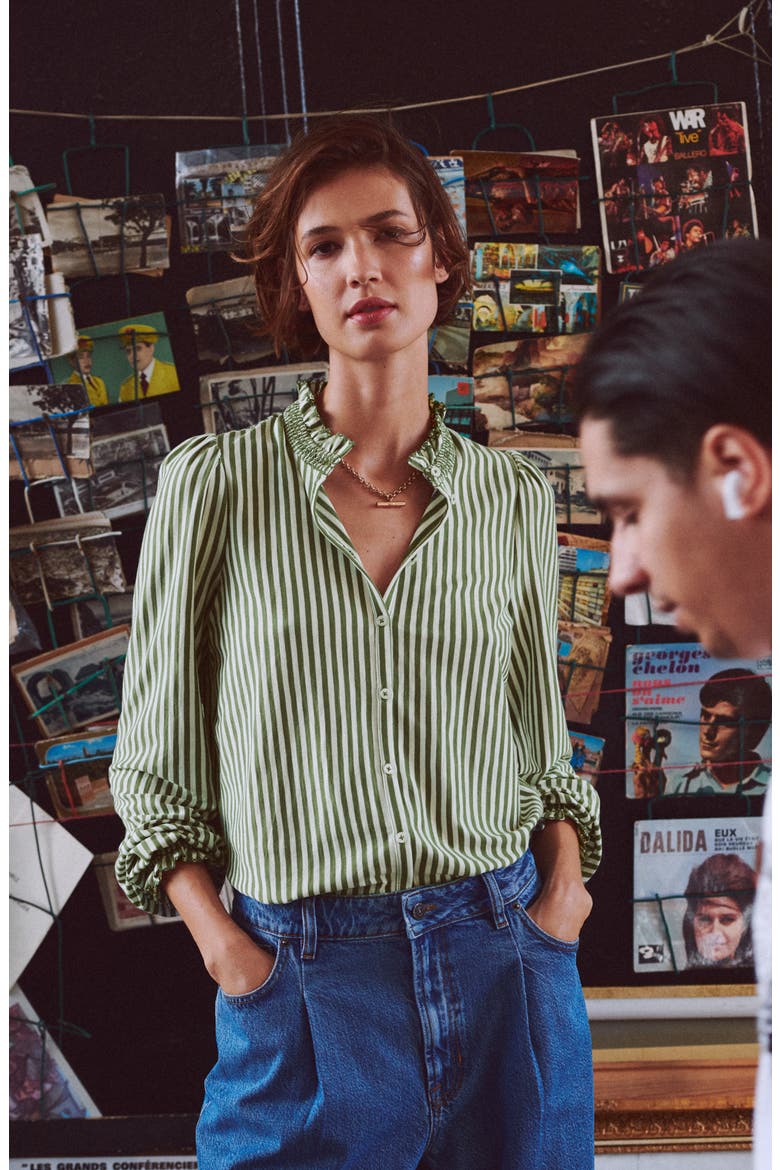 Effie Smocked Button-Up Shirt, Alternate, color, SAFARI GREEN AND IVORY STRIPE