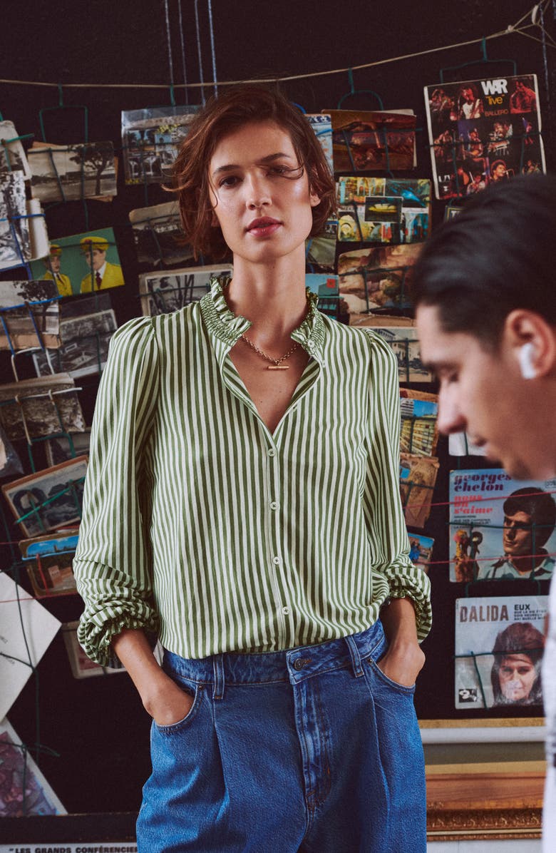 Boden Effie Smocked Button-Up Shirt, Alternate, color, Safari Green And Ivory Stripe